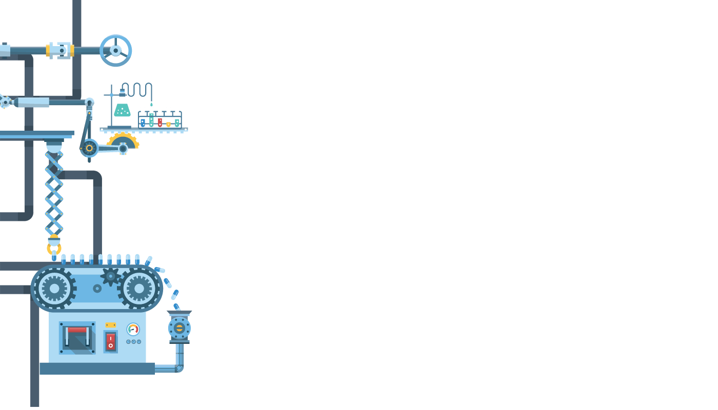 illustration of a production line producing pills