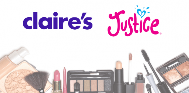 Retail stores Claire's and Justice logo with makeup products.