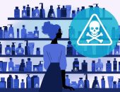 An illustrated image of a woman standing in front of shelves filled with beauty products, some of which have poison labels on them.