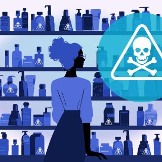 An illustrated image of a woman standing in front of shelves filled with beauty products, some of which have poison labels on them.