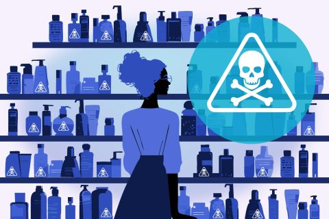 An illustrated image of a woman standing in front of shelves filled with beauty products, some of which have poison labels on them.