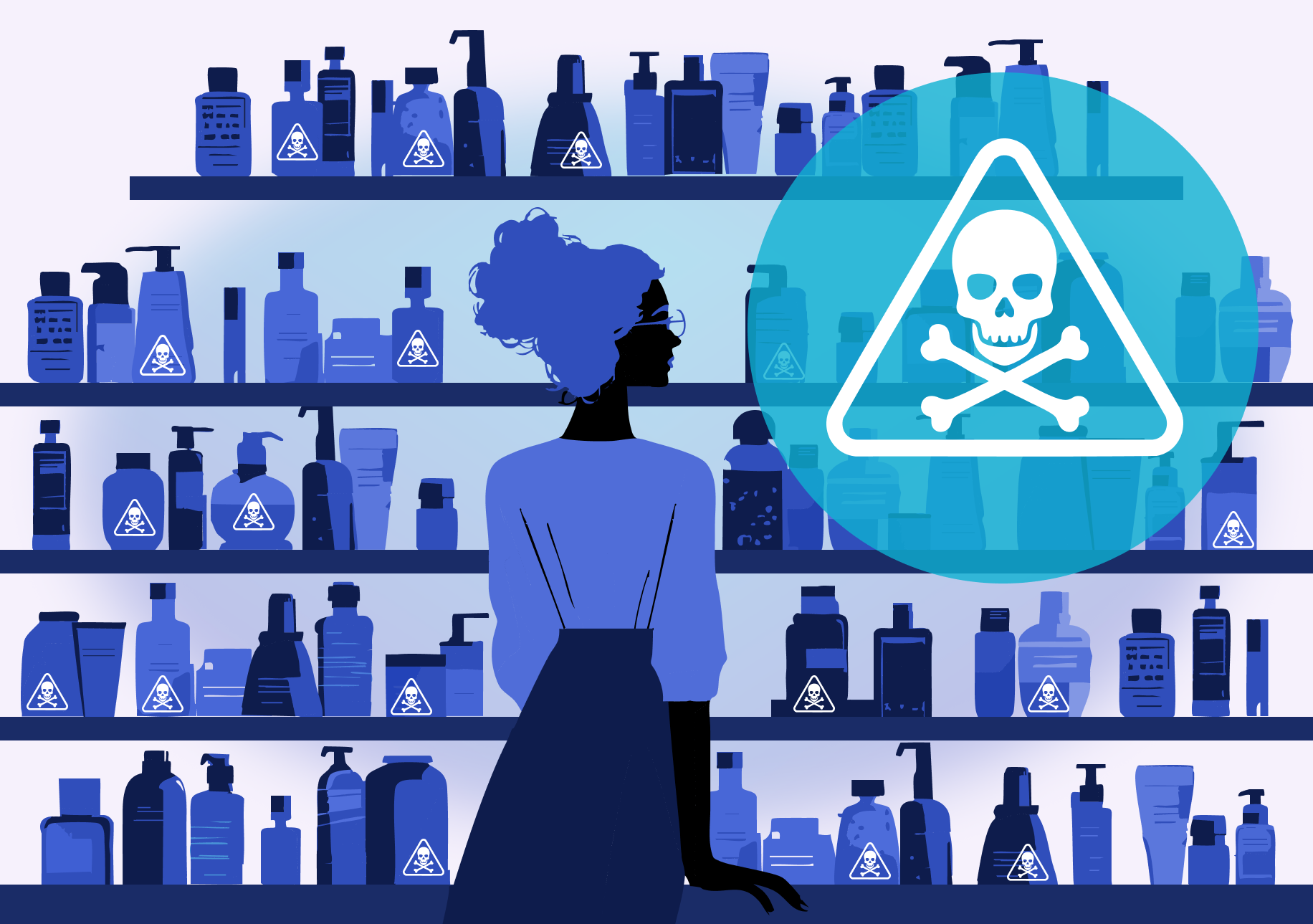 An illustrated image of a woman standing in front of shelves filled with beauty products, some of which have poison labels on them.
