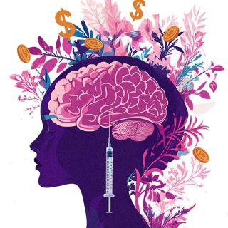 Artistic illustration of a silhouette of a woman's head with a brain visible and a syringe pointed at the center, surrounded by flowers and dollar signs, symbolizing mental health and financial decisions.