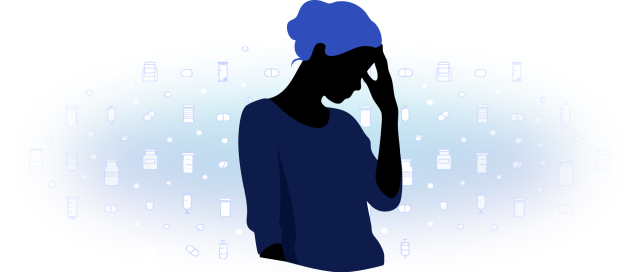 Illustrated image of a woman looking distraught with prescription drugs in the background.