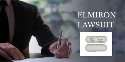 Elmiron lawsuit — a person in a suit signing a legal document, with Elmiron capsules shown at right