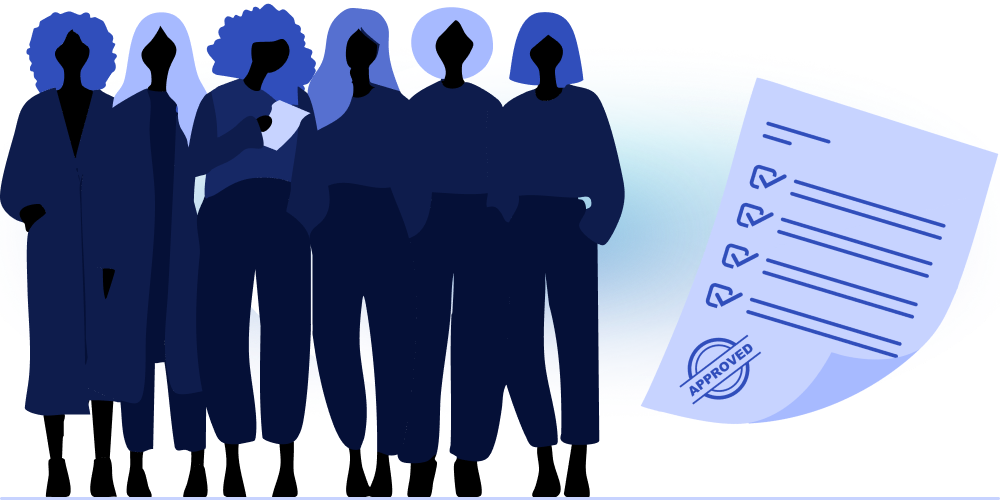 Silhouettes of women standing in a line with an FDA checklist.