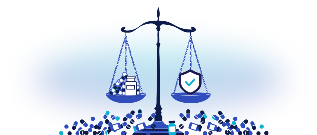Equal scales of justice with a check mark on the right symbolizing medical approval and a stack of pills and medications on the left.