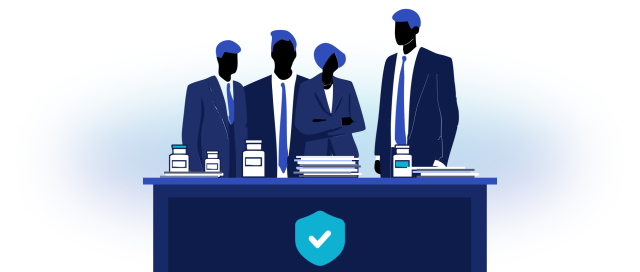 An illustration of four Big Pharma employees wearing suits standing behind a desk topped with medications and paperwork.
