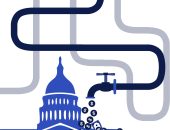 An illustrated image of the US Capitol building overlayed with pipes with a spigot raining money signifying how Big Pharma's complicated relationship with profits and regulation means big money for top pharmaceutical companies, despite legal costs.