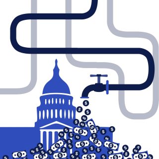 An illustrated image of the US Capitol building overlayed with pipes with a spigot raining money signifying how Big Pharma's complicated relationship with profits and regulation means big money for top pharmaceutical companies, despite legal costs.