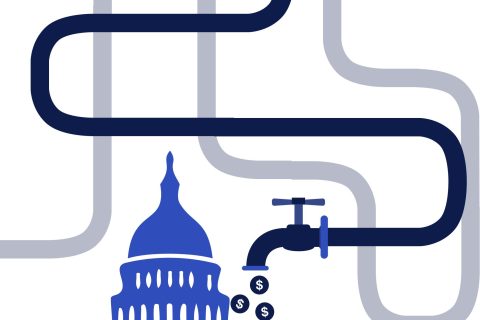 An illustrated image of the US Capitol building overlayed with pipes with a spigot raining money signifying how Big Pharma's complicated relationship with profits and regulation means big money for top pharmaceutical companies, despite legal costs.