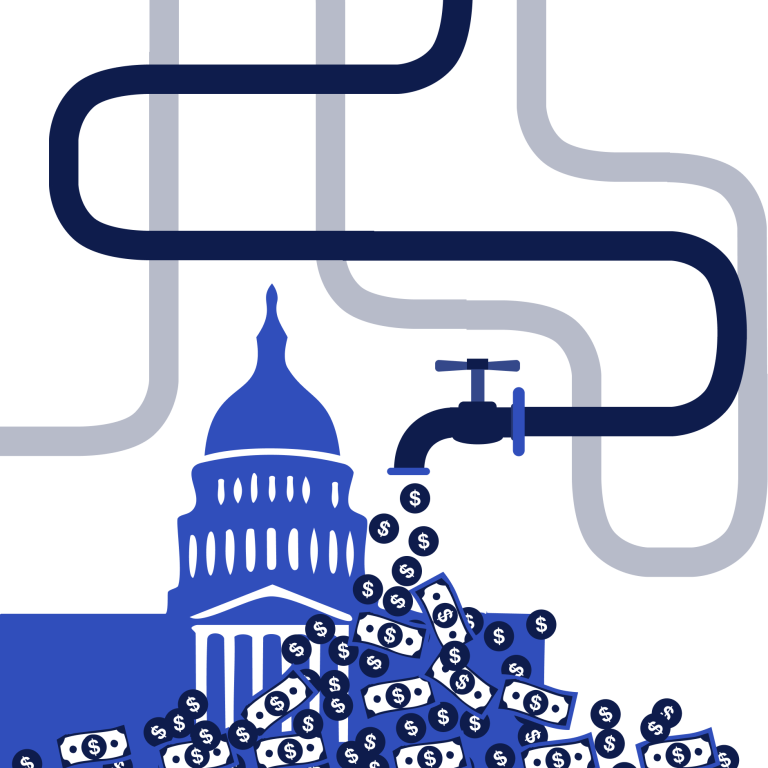 An illustrated image of the US Capitol building overlayed with pipes with a spigot raining money signifying how Big Pharma's complicated relationship with profits and regulation means big money for top pharmaceutical companies, despite legal costs.