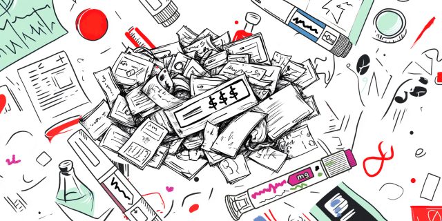 Sketch image of medicines, prescriptions, and bills.