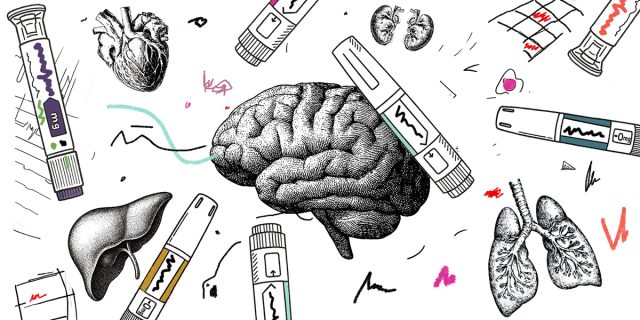 Sketch image of human body organs and medicines.