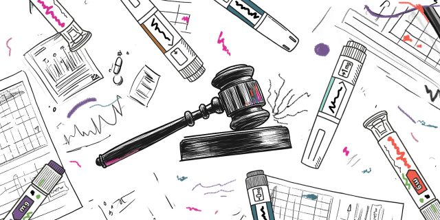Sketch image of a judge's gavel and medicines.