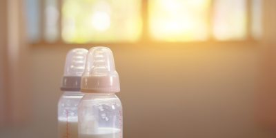 Baby bottles filled with milk baby formula