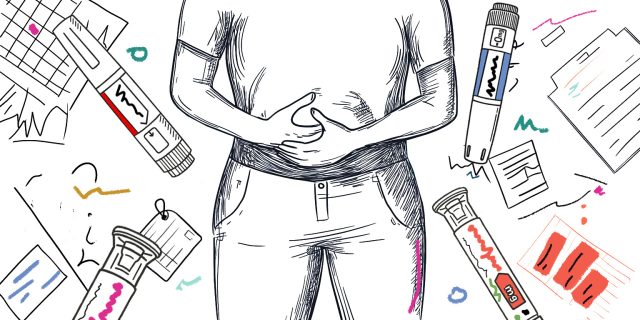 Sketch image of medicines and a person having stomach ache.
