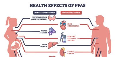 Illustration showing the health effects of PFAS exposure in men and women. Effects with strong association include high cholesterol, kidney cancer, liver damage, pregnancy-induced high blood pressure, decreased infant and fetal growth. Effects with moderate association include thyroid disease, breast cancer, ulcerative colitis, testicular cancer, and reduced vaccine response. The image uses arrows pointing to corresponding organs or body systems in male and female figures.