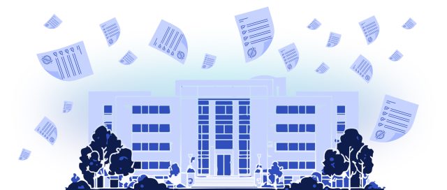 An illustration of a building with trees and paper flying around.