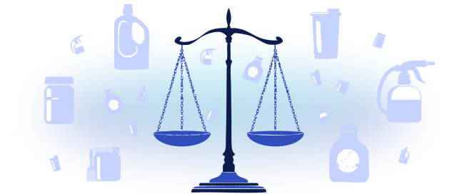 An illustration of a balanced justice scale surrounded by various types of household product containers, symbolizing safety concerns and legal issues related to consumer products.