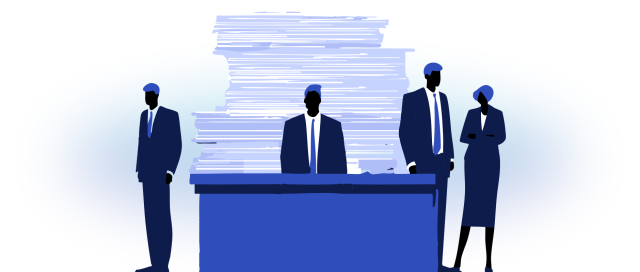 An illustration of four professionals in suits standing near a large pile of paperwork.