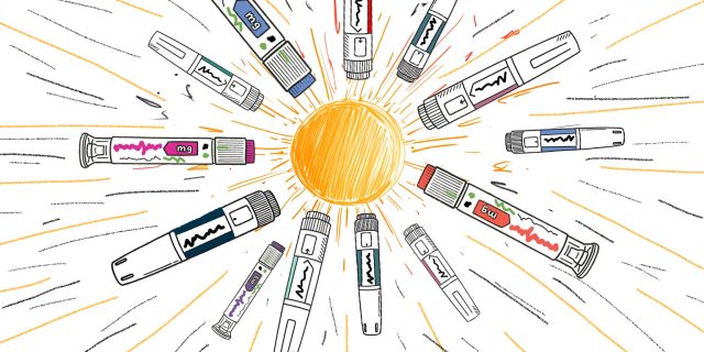 Sketch image of various medicines surrounding the sun.