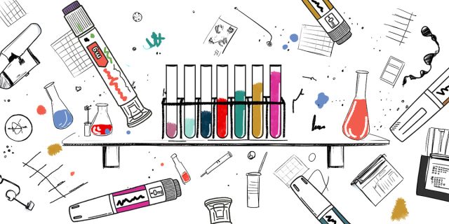 Drawing sketch of medicines and laboratory equipment.