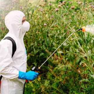 Man in suit spraying roundup weed killer