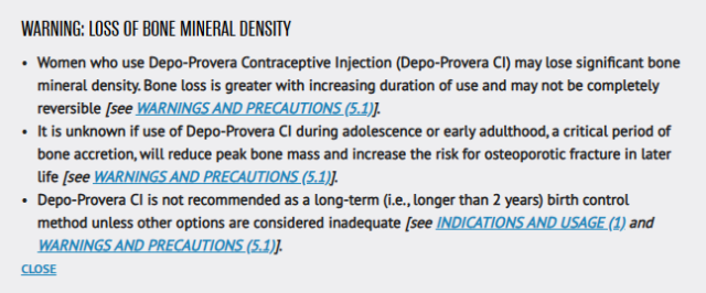 Warning label for Depo-Provera CI indicating potential bone mineral density loss