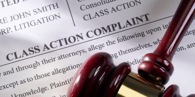 Close-up of a class action complaint court filing with a gavel resting on it