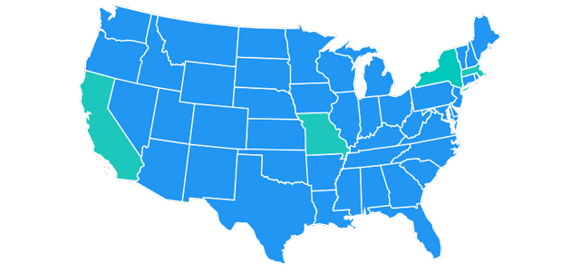Map of US highlighting CA, MA, MO & NY