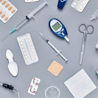 medical devices spread on a table