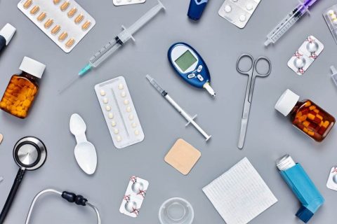 medical devices spread on a table