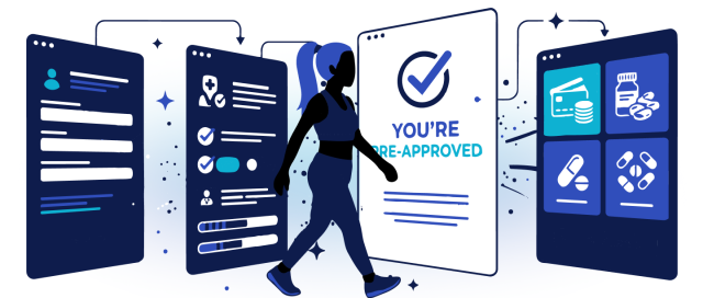 Illustration of a person moving through a digital health approval process, showing forms, pre-approval confirmation, and medication options.