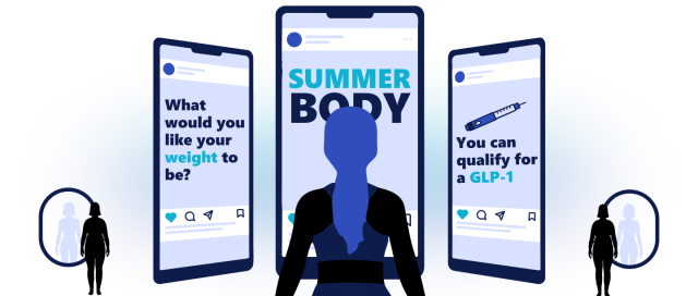 An illustration of a person looks at three smartphones displaying messages about summer body image goal, ideal weight, and qualifying for GLP-1 treatment. Mirrors reflect the figure.