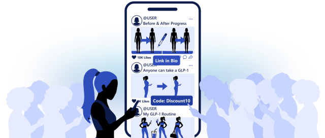 Illustration of a person viewing a social media post on a smartphone. The screen displays GPL-1 progress images, promotional text, and a discount code.