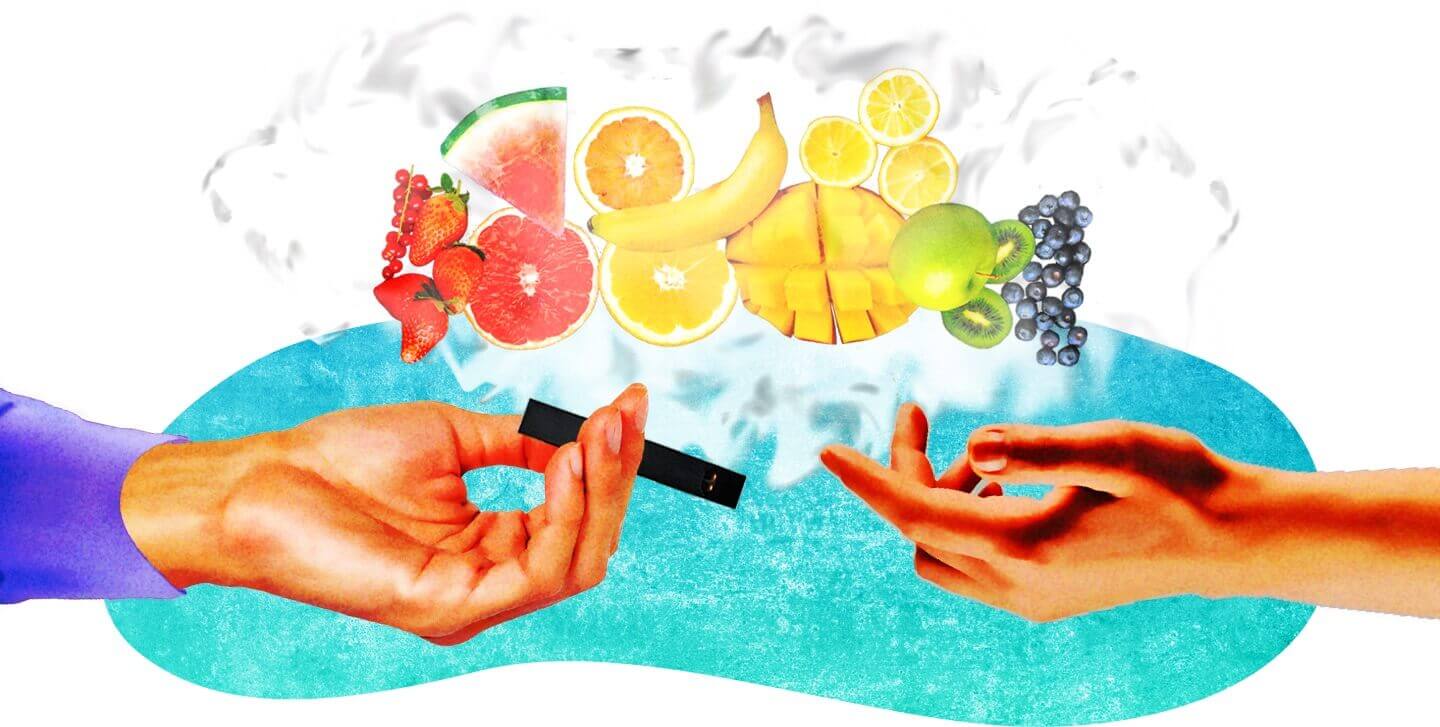 Hands passing flavored vape