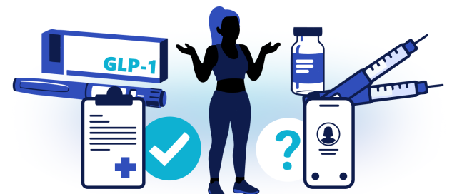 An illustration of a woman shrugging, surrounded by GLP-1 medication, syringes, a checklist, and a phone with a question mark.