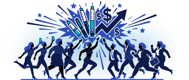 Illustration of diverse people running toward GLP-1 injection pens with rising dollar signs, symbolizing demand and cost of weight-loss medications.