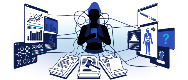 An illustration of a person using a smartphone, surrounded by digital screens showing charts, DNA, and medical data.