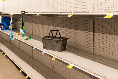 an empty shopping basket sits on an empty shelf at the grocery store