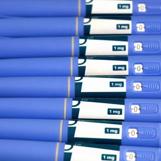 A row of injection pens for weight loss.