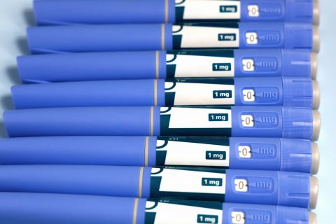 A row of injection pens for weight loss.