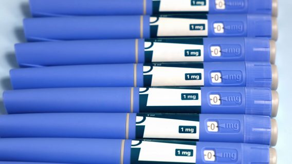 A row of injection pens for weight loss.