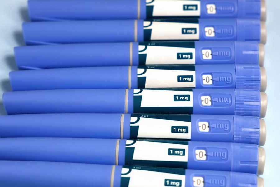 A row of injection pens for weight loss.
