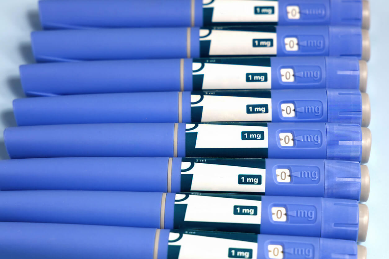 A row of injection pens for weight loss.
