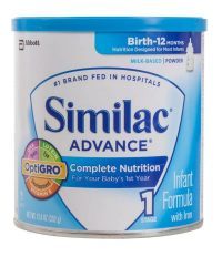 A blue and white can of Similac Advance baby formula