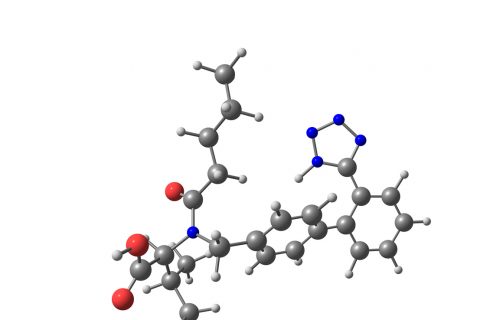 Valsartan molecular model isolated on white