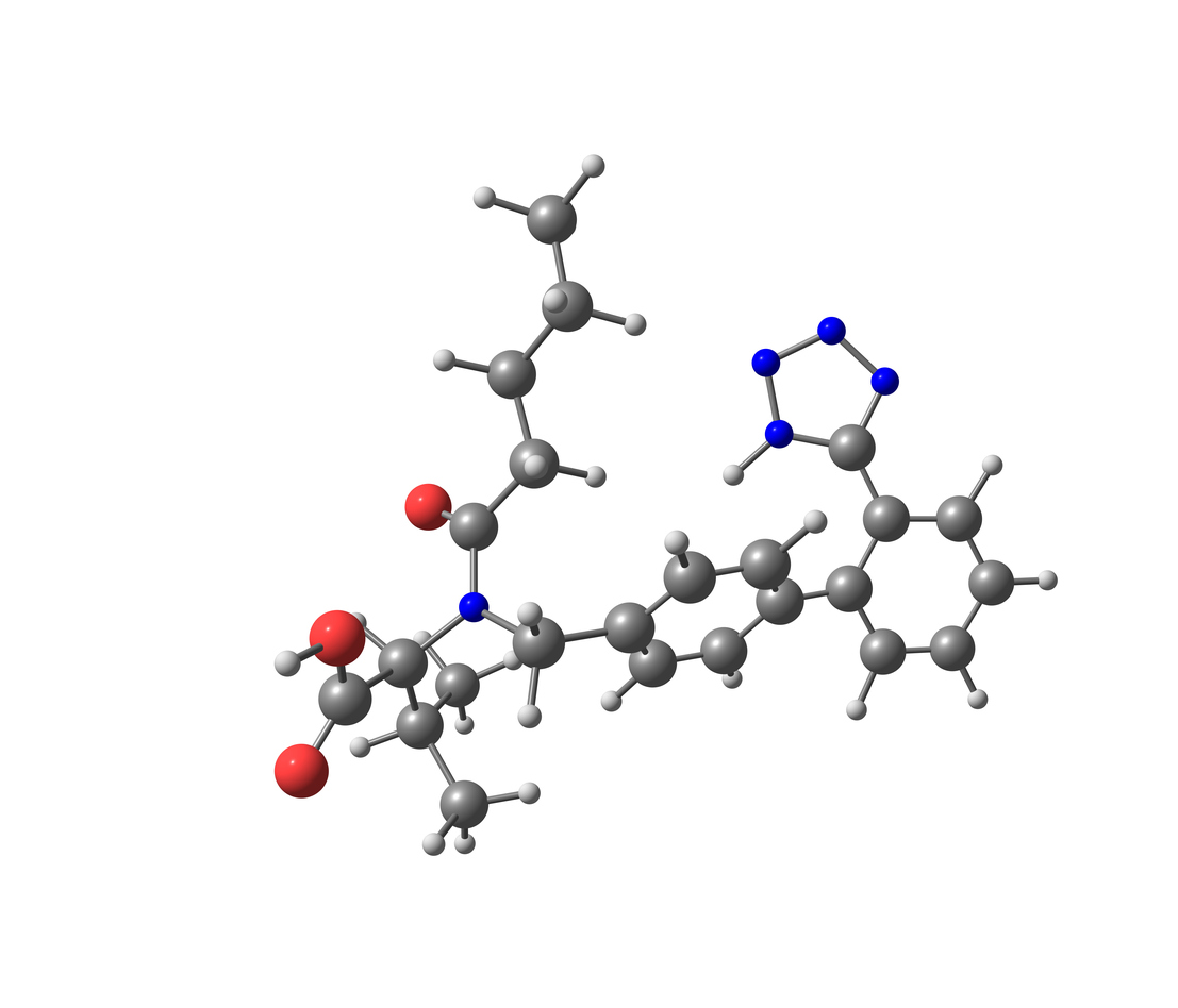 Valsartan molecular model isolated on white
