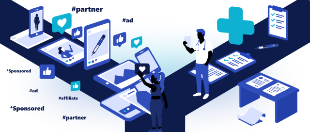 Illustration of two people standing on paths shaped like a cross. On the left, a person interacts with various screens showing hashtags like #ad and #partner. On the right, a healthcare professional holds a document near a table with medical charts.